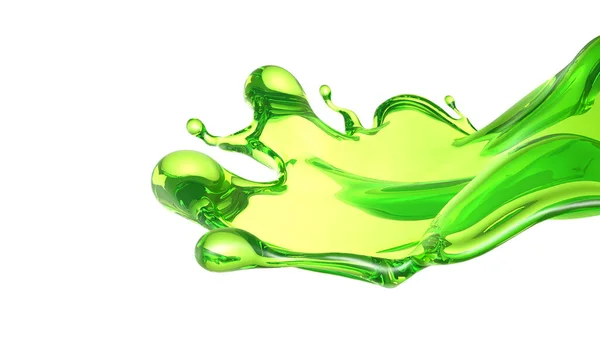 透明绿色液体的飞溅 3D渲染 3D说明 — 图库照片