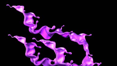 Mor sıçrama sıvısı siyah arka plan. 3d görüntüleme, 3d illüstrasyon.