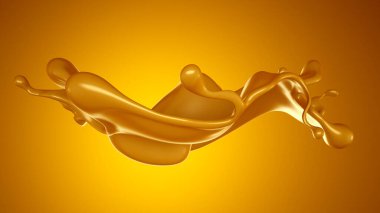 Sarı arka planda altın karamel sıçraması. 3d görüntüleme, 3d illüstrasyon.