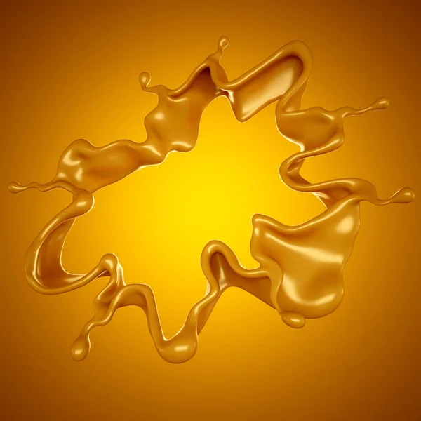 黄色の背景にキャラメルの黄金のスプラッシュ 3Dレンダリング 3Dイラスト — ストック写真