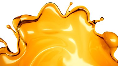 Beyaz arka planda şeffaf turuncu sıvı sıçramış. 3d görüntüleme, 3d illüstrasyon.
