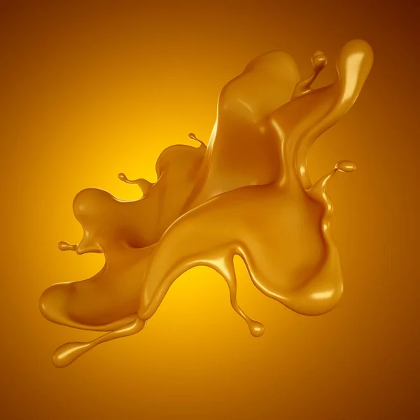 Salpicos Dourados Caramelo Sobre Fundo Amarelo Renderização Ilustração — Fotografia de Stock