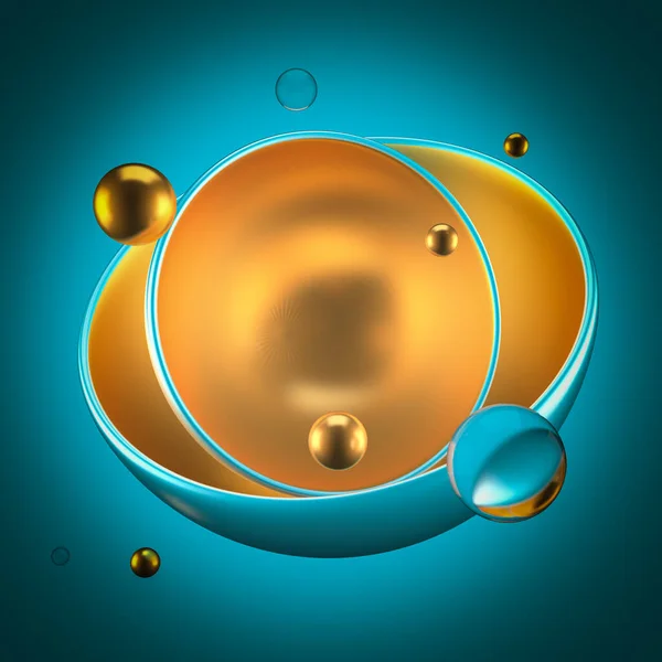 Abstract turquoise background with balls, metal, gold. 3d rendering, 3d illustration.