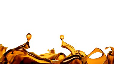 Beyaz arka planda şeffaf turuncu sıvı sıçramış. 3d görüntüleme, 3d illüstrasyon.