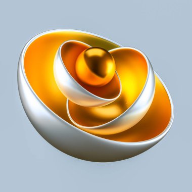 Topları, metali, altını olan soyut gri arkaplan. 3d görüntüleme, 3d illüstrasyon.