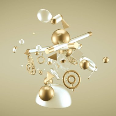 Sarı soyut minimalizm, uçan nesneler ve şekiller. 3d görüntüleme, 3d illüstrasyon.