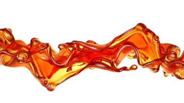 Beyaz arka planda şeffaf turuncu sıvı sıçramış. 3d görüntüleme, 3d illüstrasyon.