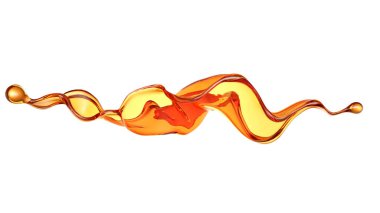 Beyaz arka planda şeffaf turuncu sıvı sıçramış. 3d görüntüleme, 3d illüstrasyon.