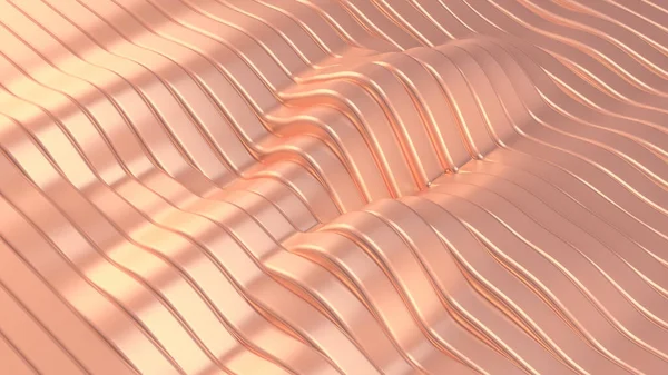 Pink metallic background with waves and lines. 3d rendering, 3d illustration.