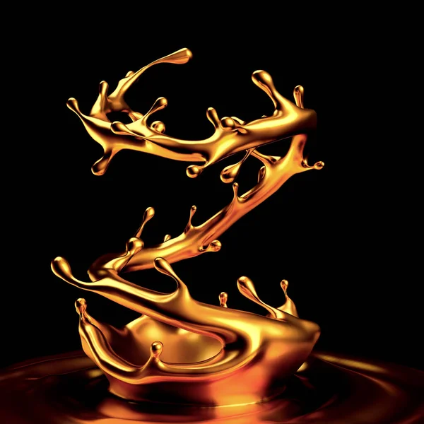 金のスプラッシュ液体黒の背景 3Dレンダリング 3Dイラスト — ストック写真