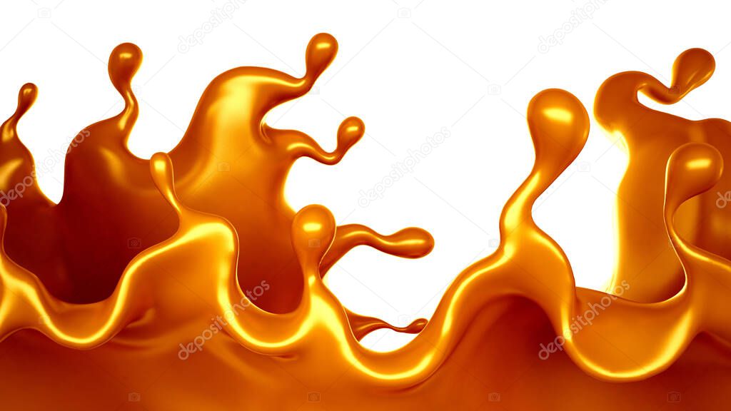 Golden splash of caramel on a white background. 3d rendering, 3d illustration.