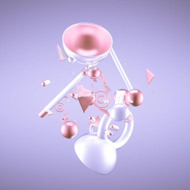 Mor soyut minimalizm, uçan nesneler ve şekillerle. 3d görüntüleme, 3d illüstrasyon.