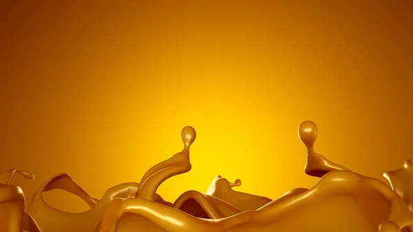 黄色の背景にキャラメルの黄金のスプラッシュ 3Dレンダリング 3Dイラスト — ストック写真