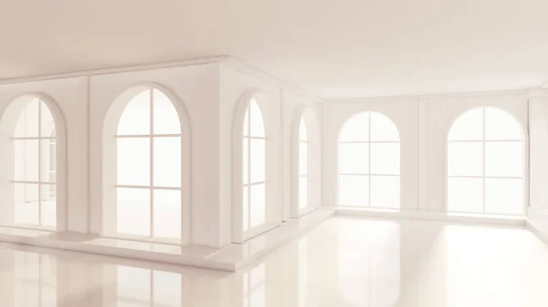 华丽的白色空房间 有窗户 3D渲染 3D说明 — 图库照片
