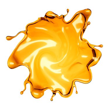 Beyaz arka planda şeffaf turuncu sıvı sıçramış. 3d görüntüleme, 3d illüstrasyon.