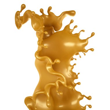 Beyaz arka planda altın karamel sıçraması. 3d görüntüleme, 3d illüstrasyon.