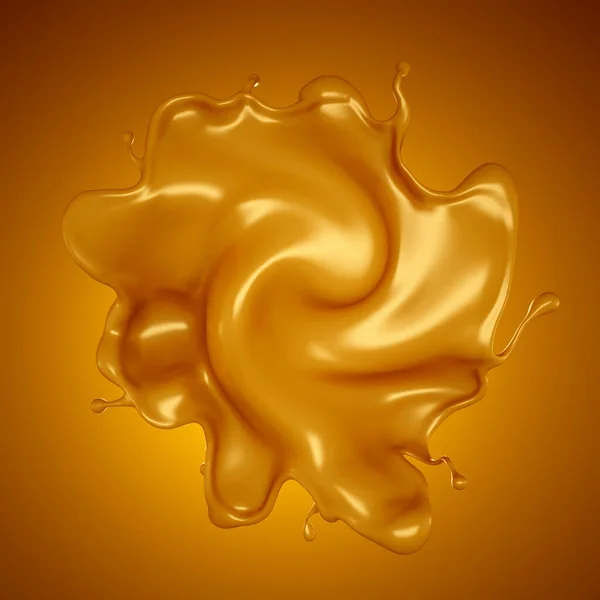 Salpicadura Dorada Caramelo Sobre Fondo Amarillo Representación Ilustración — Foto de Stock