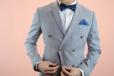 gri renk takımlı ekose doku, papyon, cep Meydanı