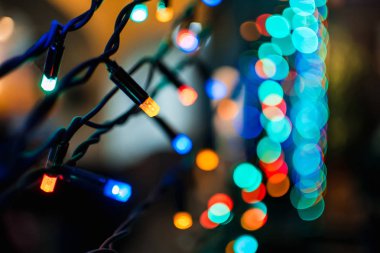 Noel çelenk ile renkli ışık ve arka plan bulanık