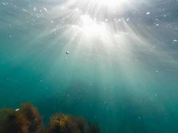 Profondeur de mer turquoise avec rayons du soleil et bulles d'air dans l'eau — Photo