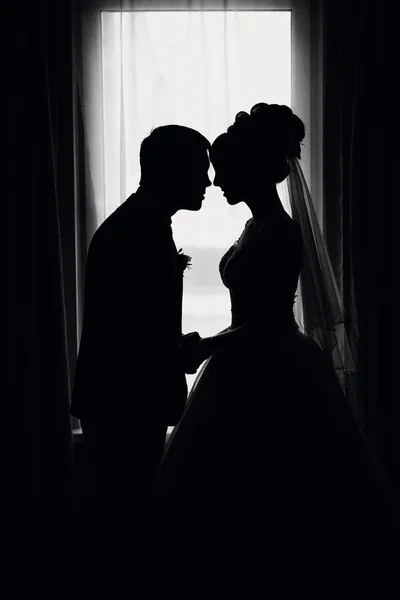 Silhueta de um casal no amor noiva e noivo no casamento — Fotografia de Stock