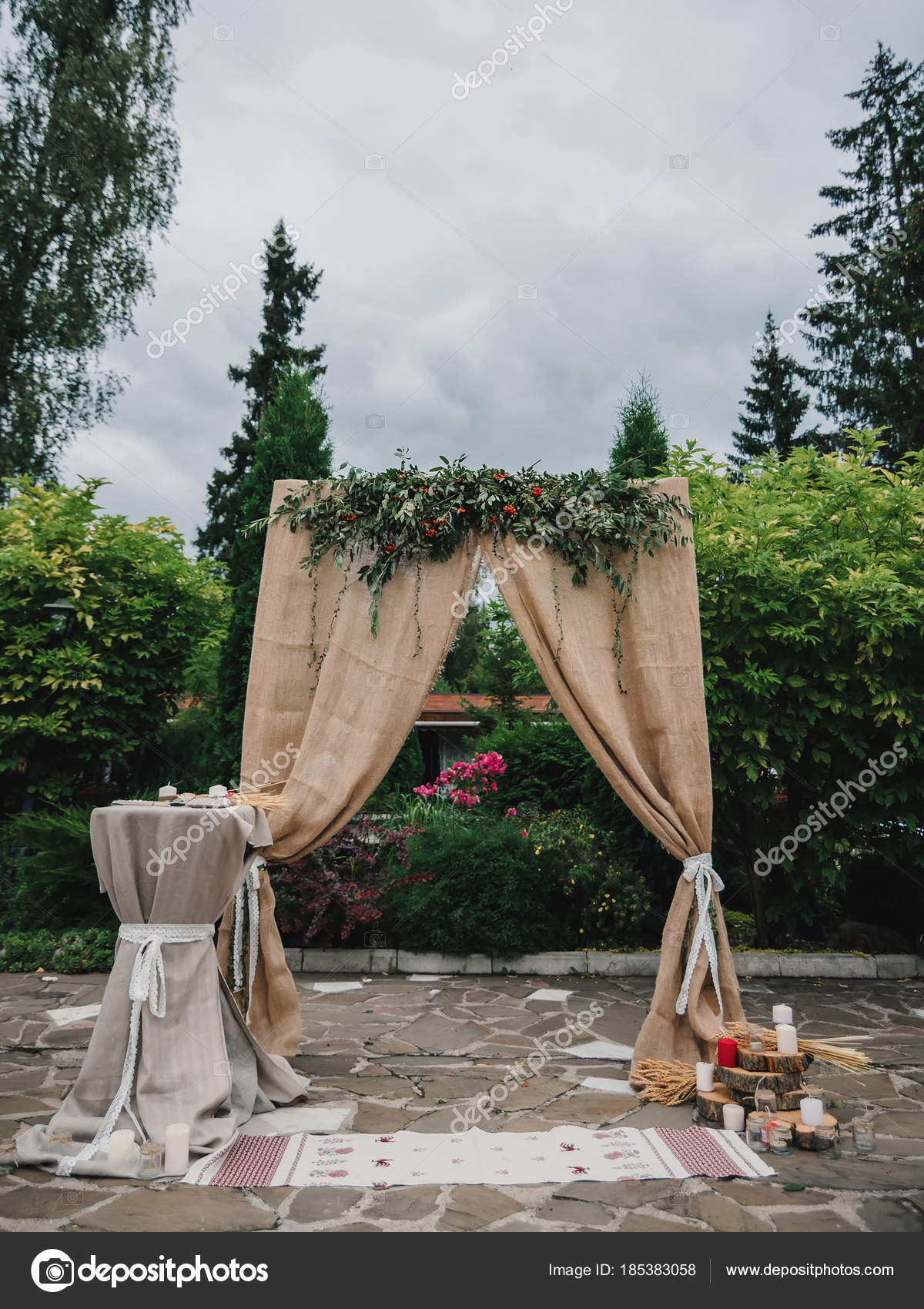 Wedding Arch Decorated In Rustic Style With Beige Fabric Stock