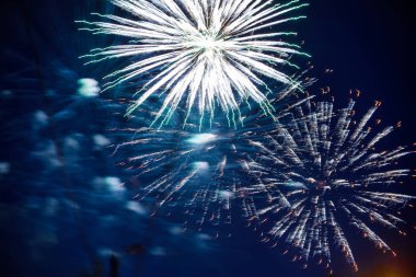 Gece gökyüzü üzerinde renkli havai fişek. Patlamalar piroteknik Festivali