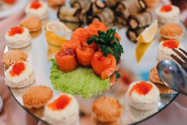 somon ve gurme yemekleri bir plaka üzerinde bir şeyler atıştırmak için çeşitli