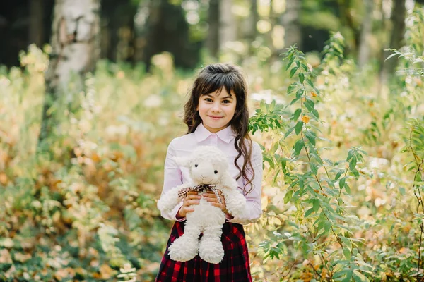 Chica feliz con juguete suave en el parque — Foto de Stock