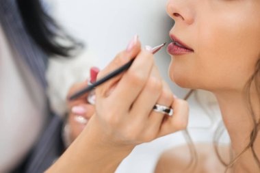 Profesyonel sanatçı makyajını yapar. Genç bir kızın yüzünde ruj izi olan bir fırçayla dudak boyar.