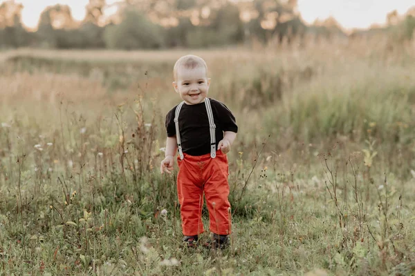 Aranyos kisfiú mosolyog ősszel mező — Stock Fotó