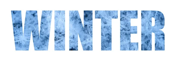 Inverno inscrição no fundo de belos flocos de neve azuis — Fotografia de Stock