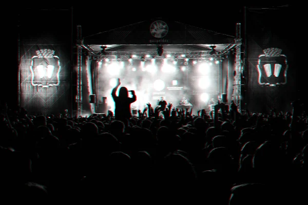 인기있는 록 가수의 음악회에서 손을 공중으로 들고 있는 팬들 — 스톡 사진