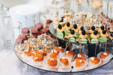 Lezzetli bir meze için zeytinli, peynirli, salatalıklı ve kırmızı balıklı kanepeler.