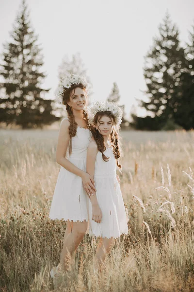 Irmãs felizes em vestidos brancos com coroas florais e tranças estilo boho no verão em um campo — Fotografia de Stock