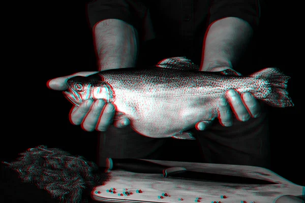 La trucha en las manos del hombre sobre el fondo de la cocina. Pescado fresco grande con chef — Foto de Stock
