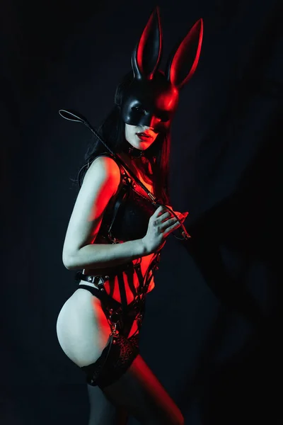 Nu feminino dominatrix amante no lingerie no coelho máscara com couro chicote — Fotografia de Stock