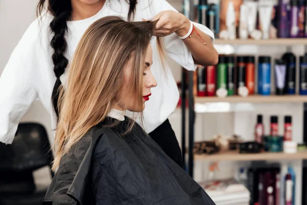 Cabeleireiro faz um penteado para uma mulher com cabelo longo marrom claro — Fotografia de Stock