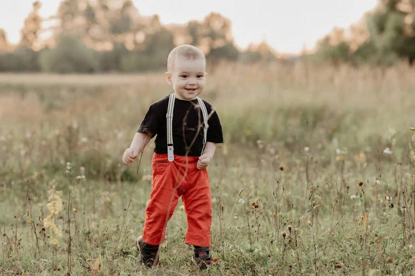 Boldog kisfiú mosolyog és fut a füvön — Stock Fotó