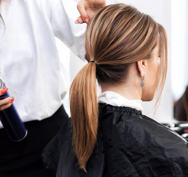 Cabeleireiro faz um penteado para uma mulher com cabelo longo marrom claro — Fotografia de Stock
