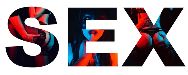 Creatieve tekst Seks op een witte achtergrond. Collage van seksuele scènes — Stockfoto