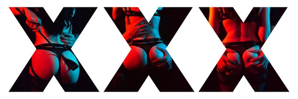 Texto creativo XXX sobre fondo blanco. Collage de escenas eróticas sexuales BDSM — Foto de Stock