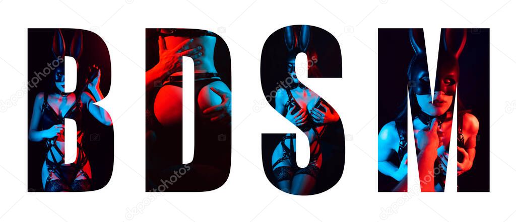 Creative BDSM lettering on a white background. Collage of sex scenes