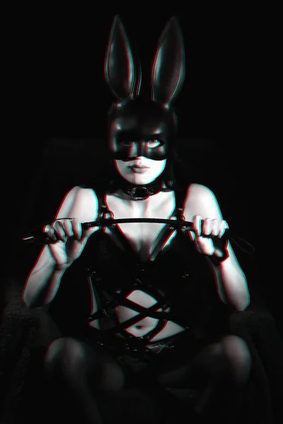 Girl in the mask Bunny leather belt with a whip — 스톡 사진