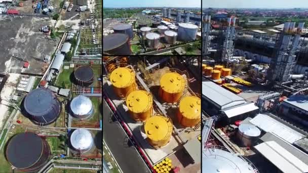 Aerial view compilation of oil plant in Indonesia. Tanques amarillos y negros . — Vídeos de Stock