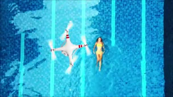 Animación del vuelo del dron sobre la piscina. Estilo cinematográfico avideo fighting drone y mujer joven nadando en la piscina . — Vídeo de stock