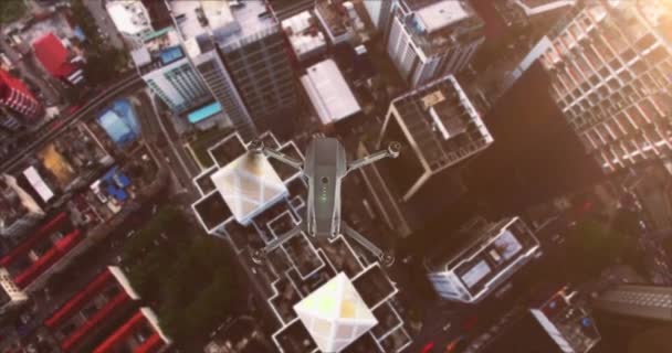 Animação de drone preto flighting acima da grande cidade na Ásia . — Vídeo de Stock