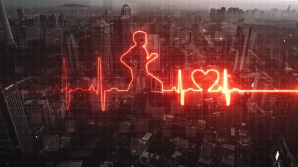 Cardiogramma astratto su sfondo città notte moderna — Video Stock