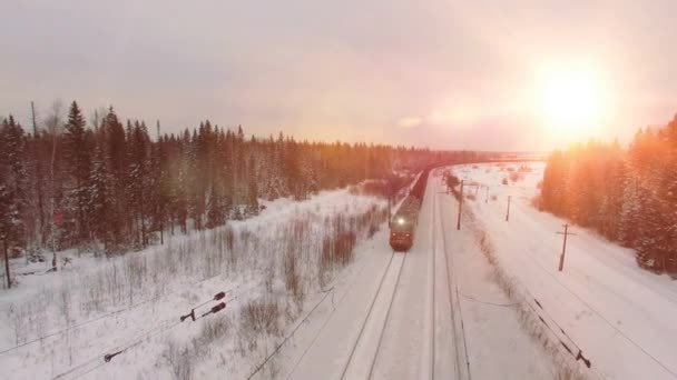 Vista dall'alto del treno merci con carrozze sulle ferrovie in inverno — Video Stock