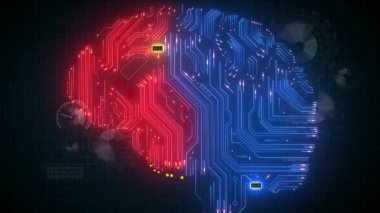 İnsan beyni formunda renkli devre kartı, Hud görüntüleme ve beyin çalışmalarının animasyonu.